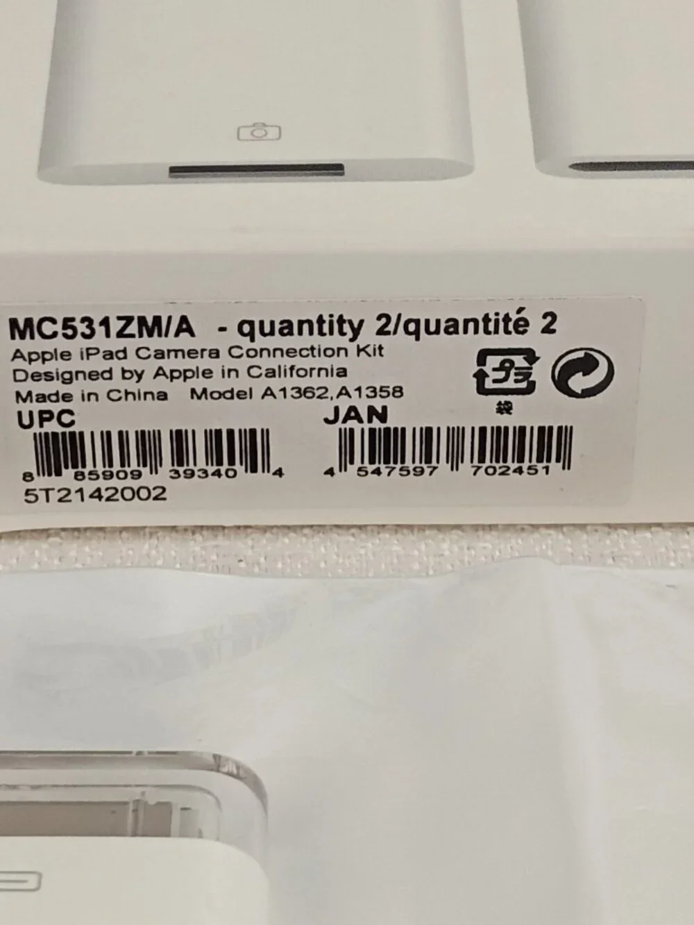 Genuine Apple iPad Camera Connection Kit 30 Pin A1362 A1358 MC531ZM/A